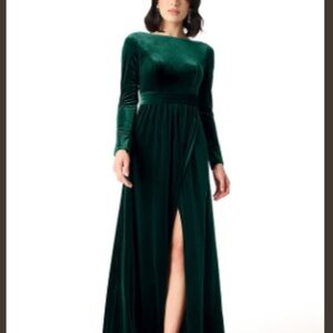 Azazie Velvet Long Sleeve Dress in Deep Green